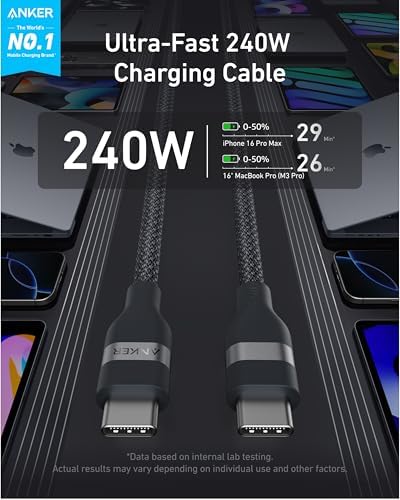 Anker Cable Nano USB C, 240 W, cable trenzado multicolor flexible d...