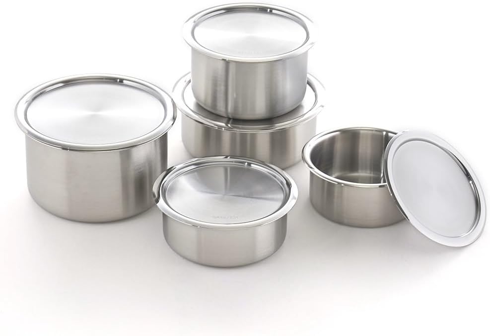 CaKE - 5 recipientes de acero inoxidable para almacenamiento de alimentos con tapas, juego de 5 recipientes para electrodomésticos de cocina, aptos para lavavajillas, Corea del Sur