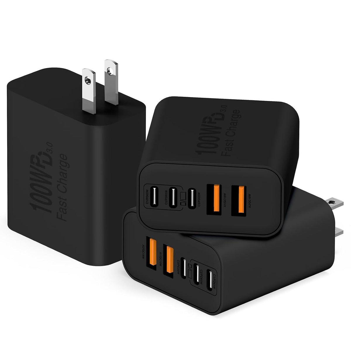 QZIIW Bloque de cargador rápido de pared USB C, bloque de carga rápida de 100 W, 5 puertos tipo C, paquete de 3 adaptadores de cargador de alimentación PD QC 3.0 USB multipuerto para iPhone 17 16