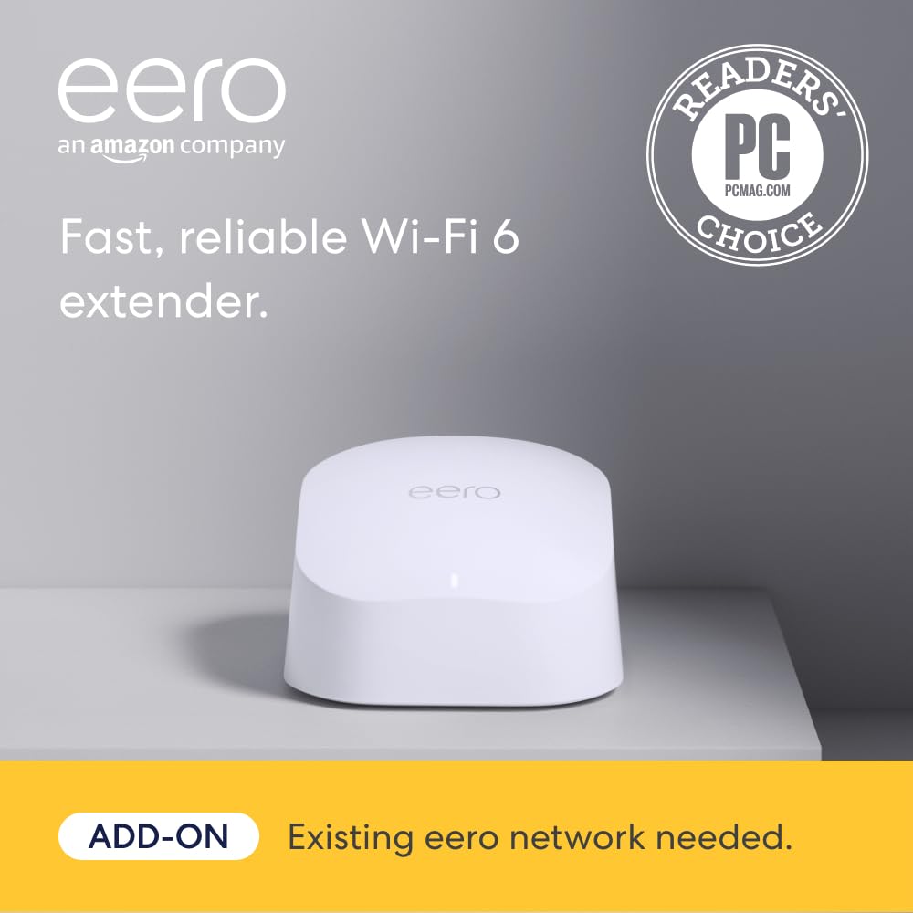 Extensor adicional de wifi de malla Amazon eero 6: agrega hasta 1500 pies cuadrados de cobertura Wi-Fi 6. No incluye el sistema de wifi de malla eero requerido.