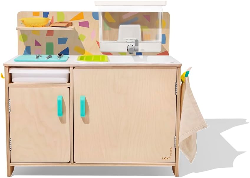 LOVEVERY, The Real Life Play Kitchen con agua corriente fresca y potable, libro de recetas para niños pequeños, regalo de cumpleaños para niños de 18 meses a más de 5 años