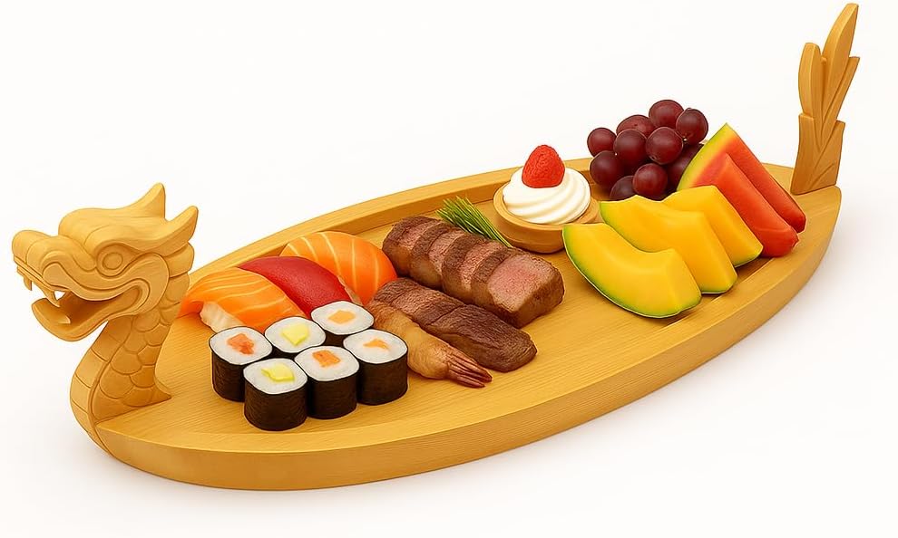 Barco de sushi de dragón de bambú de 27.6 pulgadas – Bandeja de madera tallada a mano para servir sushi de 30 a 40 piezas, plato grande para fiestas y restaurantes