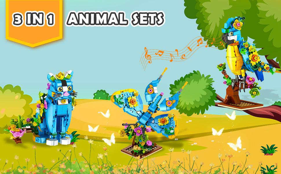 Juego de construcción 3 en 1 diseño de flores gatos loros