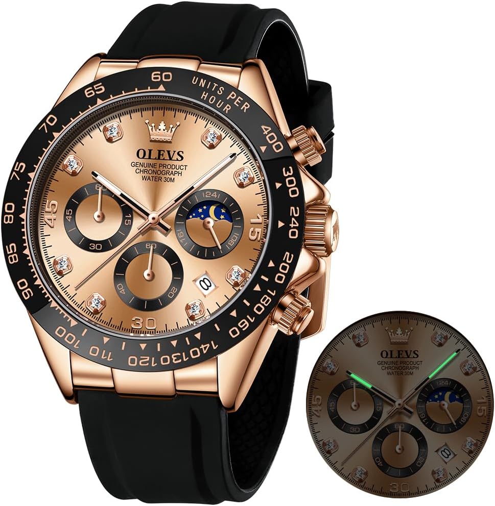 OLEVS Relojes Cronógrafo Masculinos de Moda Empresarial Analógico Quartz Reloj de Pulsera para Hombre, Cinturón de Silicona a prueba de agua con Luminiscente, Calendario