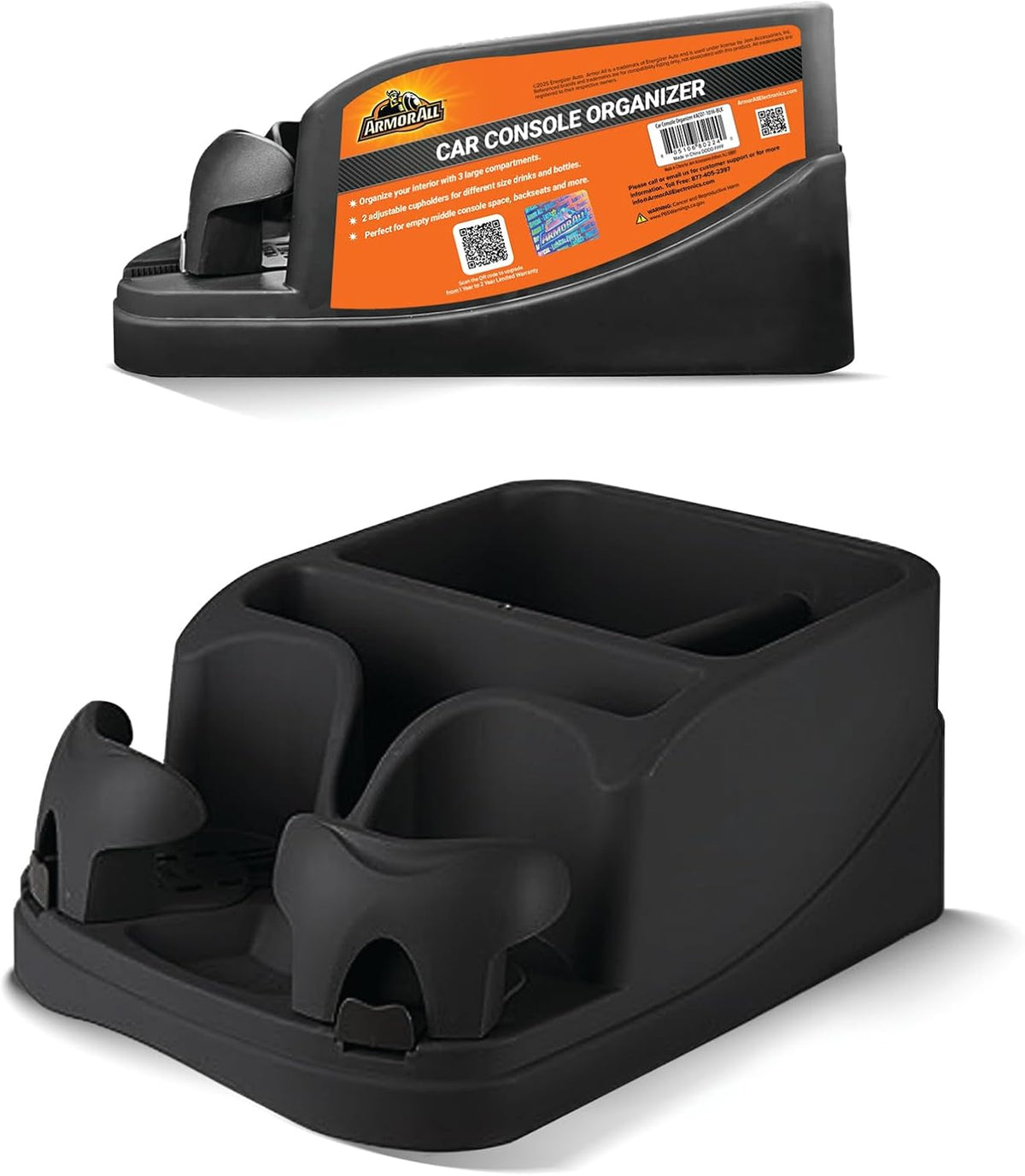 Armor All Organizador de consola de automóvil, organizador de asiento de automóvil con 2 portavasos ajustables, 3 compartimentos de almacenamiento grandes, cinturón de seguridad para sujeción segura
