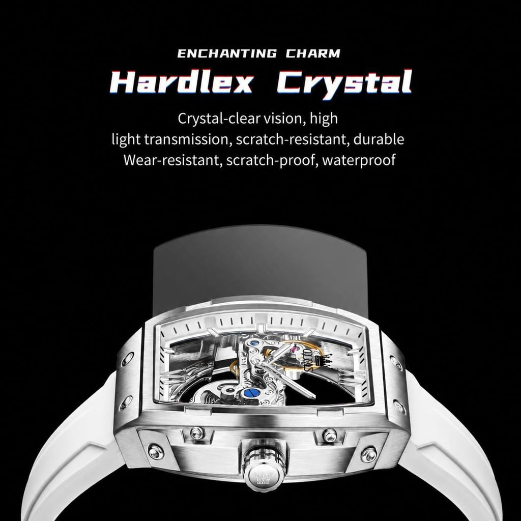 OLEVS Reloj para Hombre Skeleton Automático Tonneau Correa de Silicona Negocios Lujo a Prueba de Agua Luminoso Reloj Mecánico para Hombre