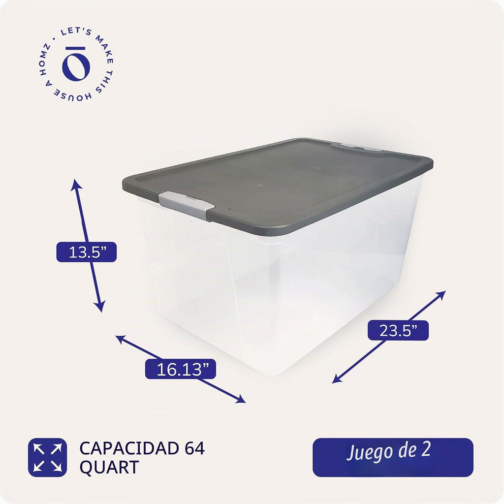 HOMZ Contenedor de plástico transparente con tapa gris de cierre seguro, 64