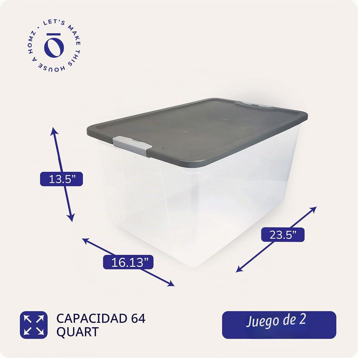 HOMZ Contenedor de plástico transparente con tapa gris de cierre seguro, 64