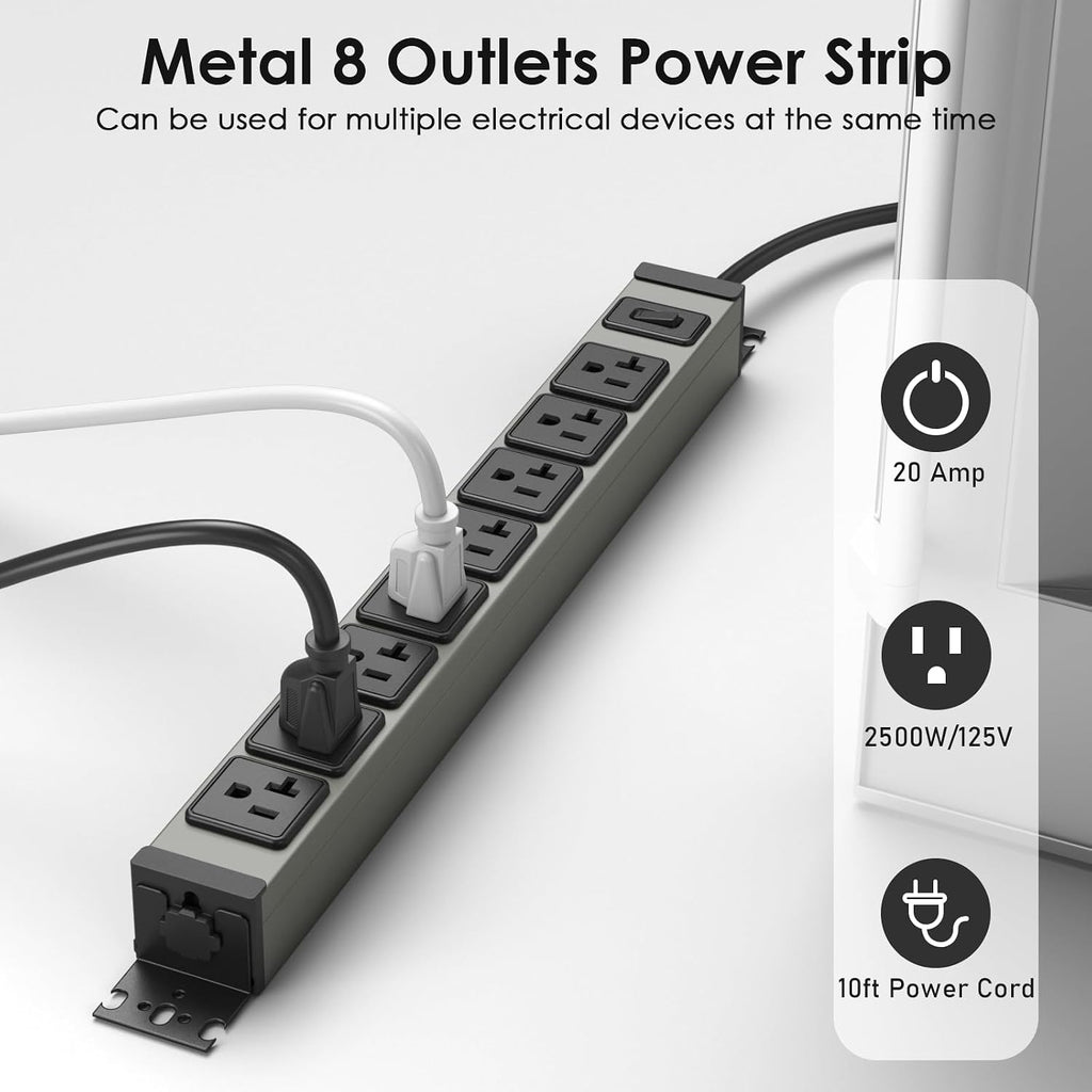 Regleta de alimentación resistente para montaje en pared, protector de sobretensiones de 20 amperios 1200J de metal, 8 salidas debajo del escritorio, 20A, toma de mesa eléctrica de garaje, enchufes industriales 6-20R ranura en T, cable de extensión de 10