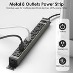 Regleta de alimentación resistente para montaje en pared, protector de sobretensiones de 20 amperios 1200J de metal, 8 salidas debajo del escritorio, 20A, toma de mesa eléctrica de garaje, enchufes industriales 6-20R ranura en T, cable de extensión de 10