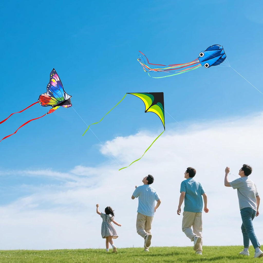 Mint's Colorful Life Paquete de 3 cometas para niños y adultos, fácil de volar, mariposa delta, pulpo, juego para principiantes, grandes cometas de playa para juegos y actividades al aire libre