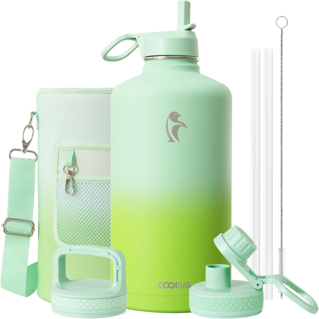 Coolflask Botella de agua de 128 onzas aislada con popote y 3 tapas a
