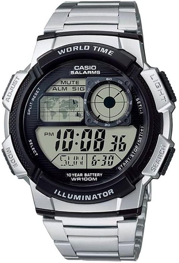 Casio AE1000W Series | Reloj Digital para Hombre | 100M WR | Múltiples Alarmas |Cronómetro de 100 s | Temporizador de Cuenta Regresiva | Mapa Mundial para Hora Mundial | Luz LED | Pantalla Analógica LC | Batería de 10 años
