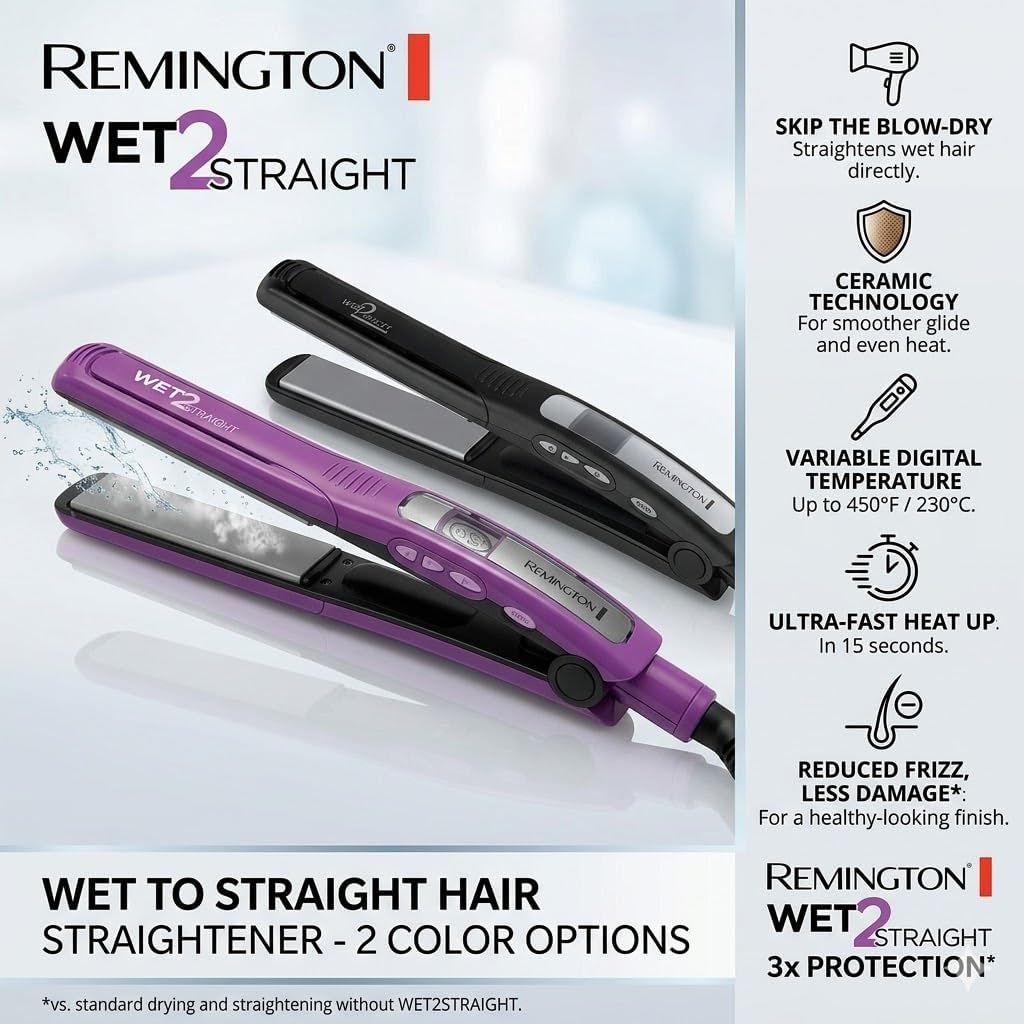 Remington Wet 2 - Plancha de pelo liso de 1 pulgada con placas de t...