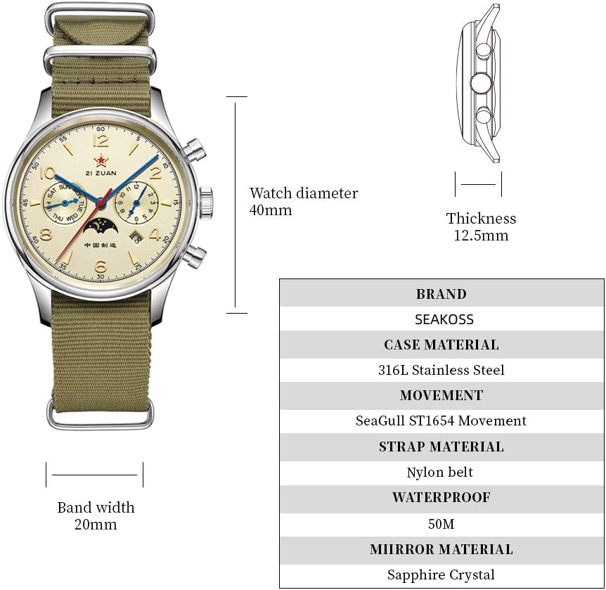 SEAKOSS Reloj de Hombre Clásico Automático Mecánico, Movimiento Seagull ST1654, Indicador de 24H, Calendario, Relojes para Hombre con Display de 24 Horas