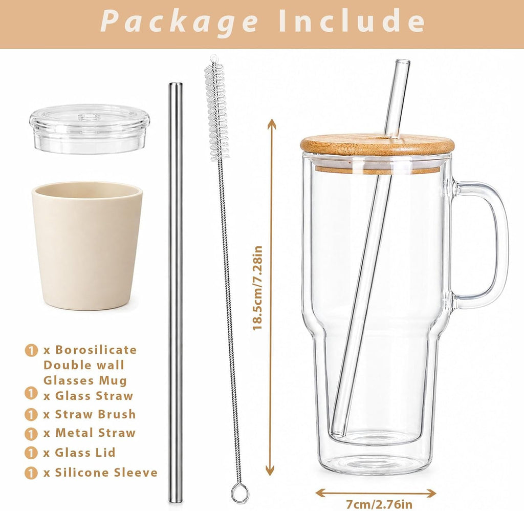 Vaso de vidrio de doble pared con asa y tapa con popote, taza de viaje aislada de 20 onzas para bebidas frías y calientes, vaso de vidrio transparente apto para portavasos