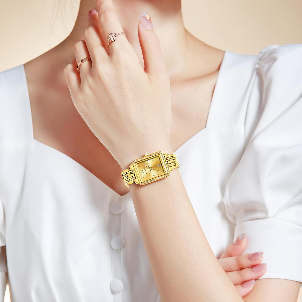OLEVS Reloj de mujer de oro de acero inoxidable, reloj de cara cuadrada pequeña con decoración de diamantes, reloj de vestir de cuarzo analógico de lujo para mujer, reloj de pulsera impermeable con