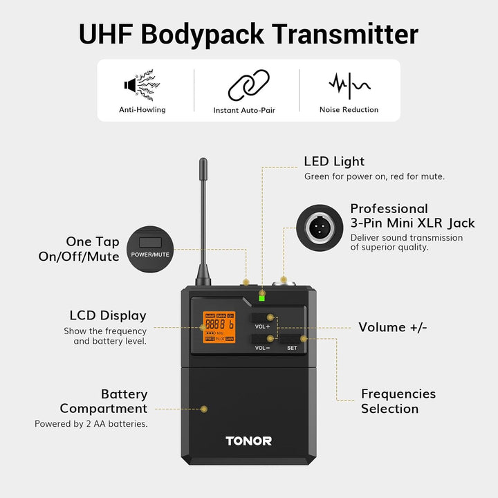 TONOR Sistema de micrófono inalámbrico UHF con micrófonos de auricu...