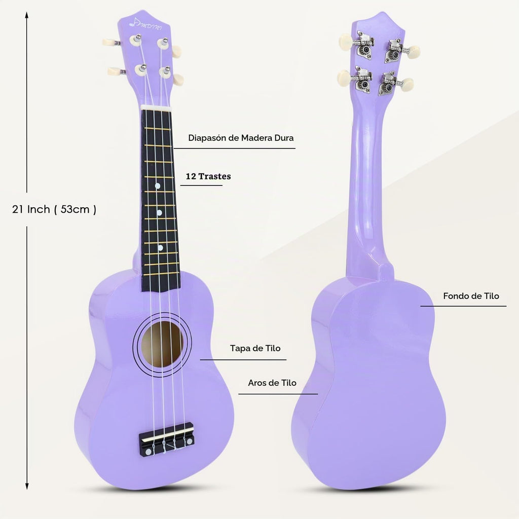 Ukelele Soprano para Niños 21 Pulgadas Madera Hawaiana Kit para Principiantes