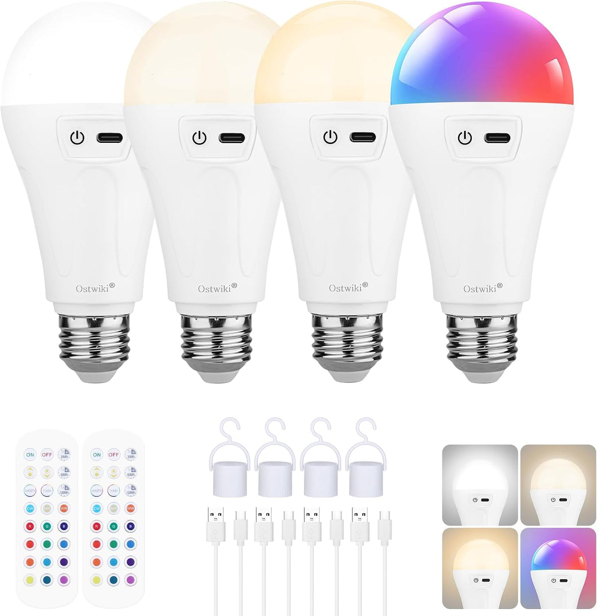 Lámpara Paquete de 4 bombillas LED recargables A21 con control remoto