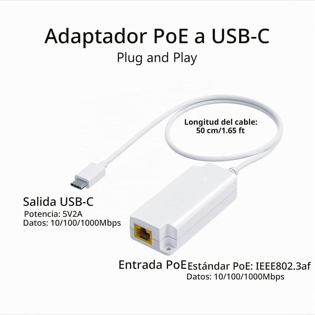 Gigabit PoE a USB C Converter, USB-C a Ethernet adaptador con 10W carga