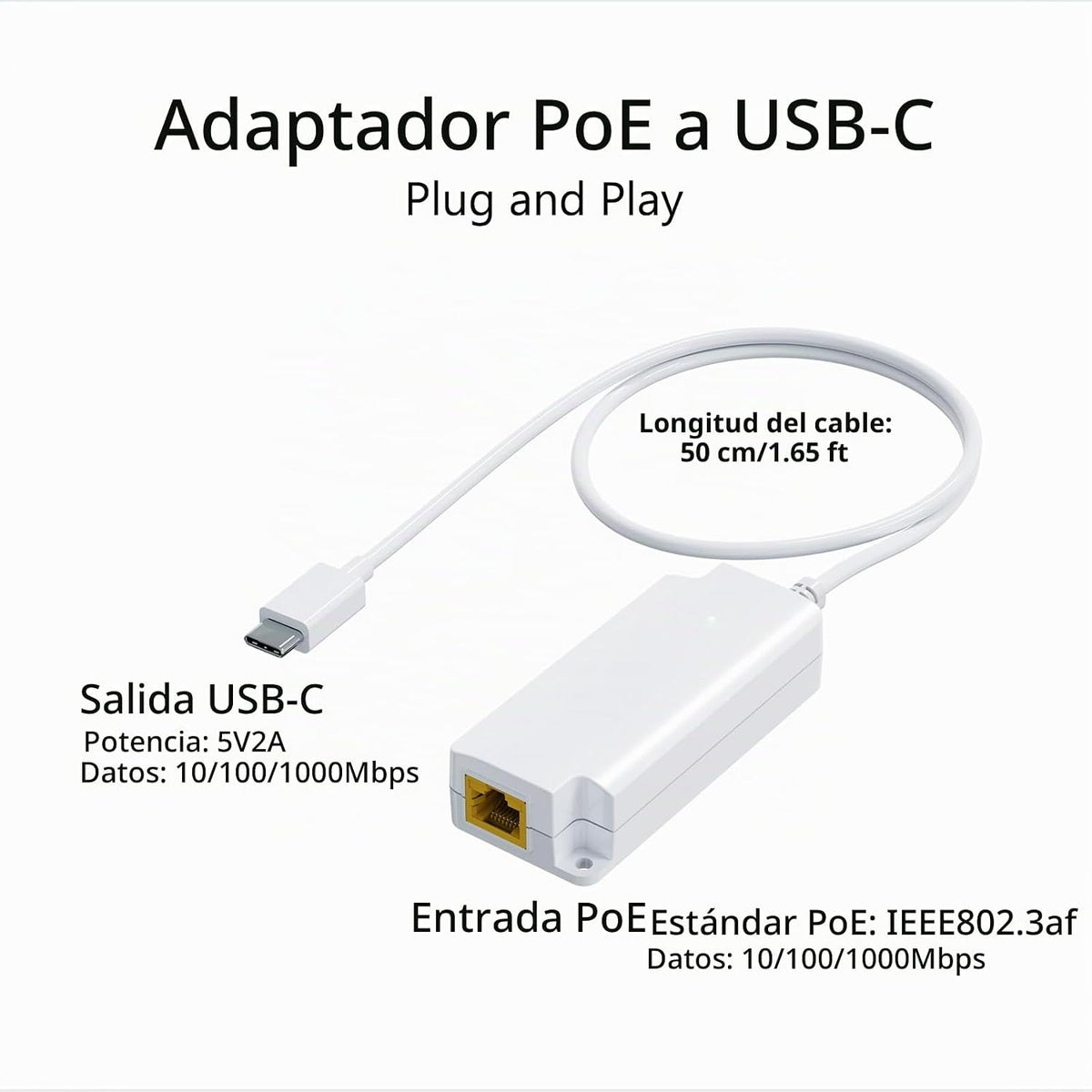Gigabit PoE a USB C Converter, USB-C a Ethernet adaptador con 10W carga