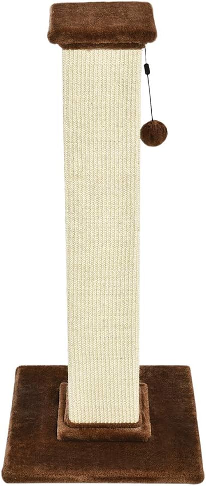 Amazon Basics Poste rascador alto para gatos con fibra de yute y alfombra marrón, grande, 15.75 pulgadas de largo x 15.75 pulgadas de ancho x 35.43 pulgadas de alto