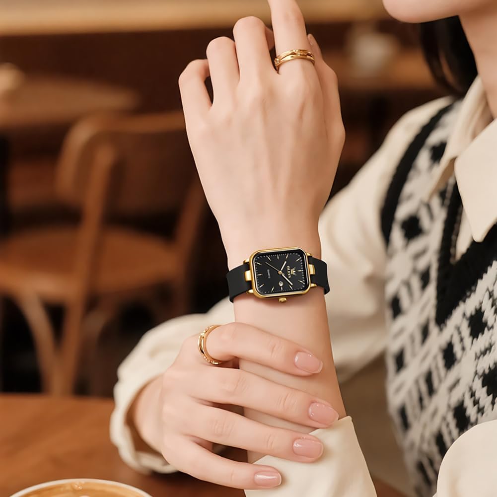 OLEVS Reloj para Mujer Casual Fashion Cuadrante Cuadrado Correa de Silicona Negra Elegante Delicado Cuarzo a Prueba de Agua Lectura Fácil