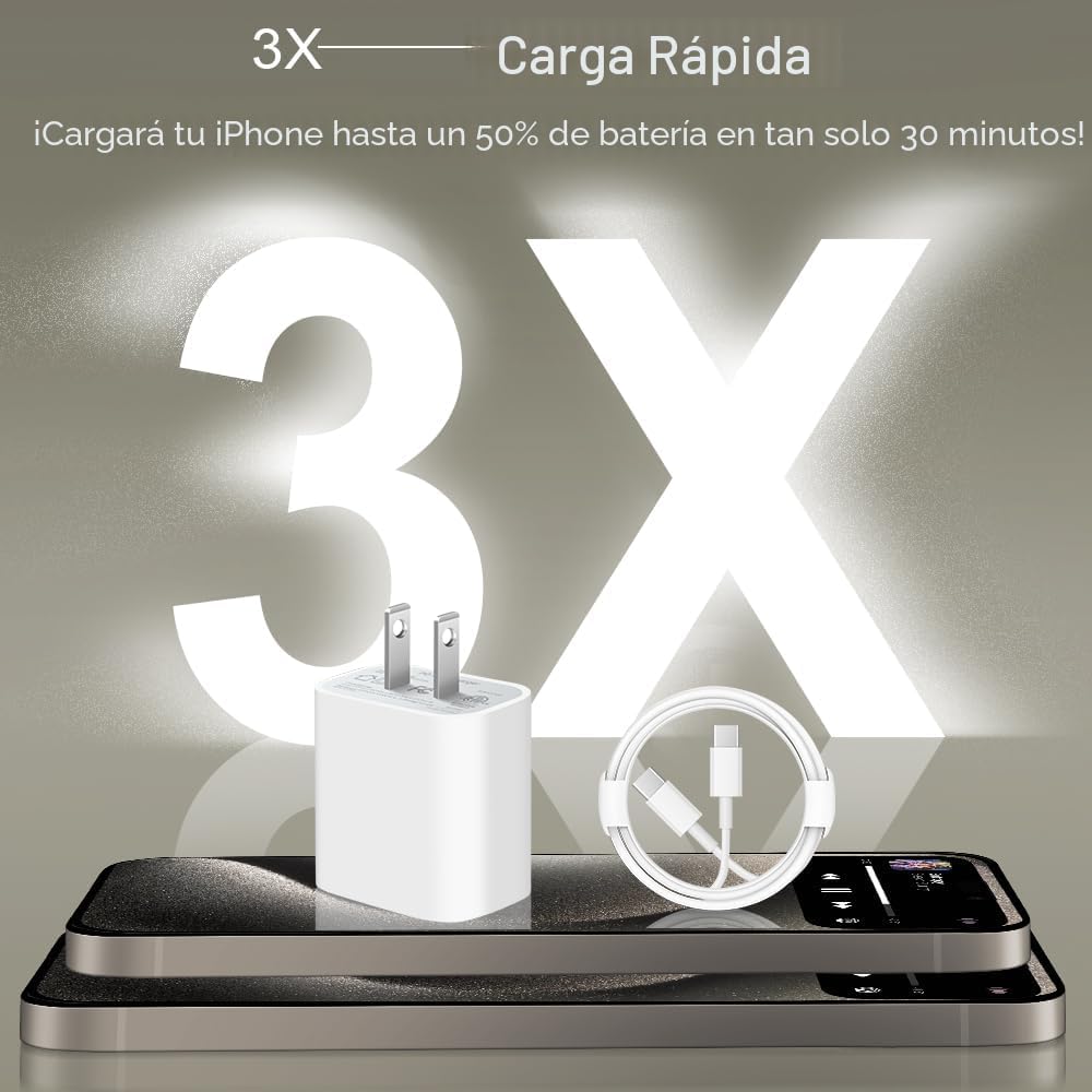 Cargador de carga rápida para iPhone 18, 17, 16, 15, 3 unidades, cargador USB C y cable de 6 pies