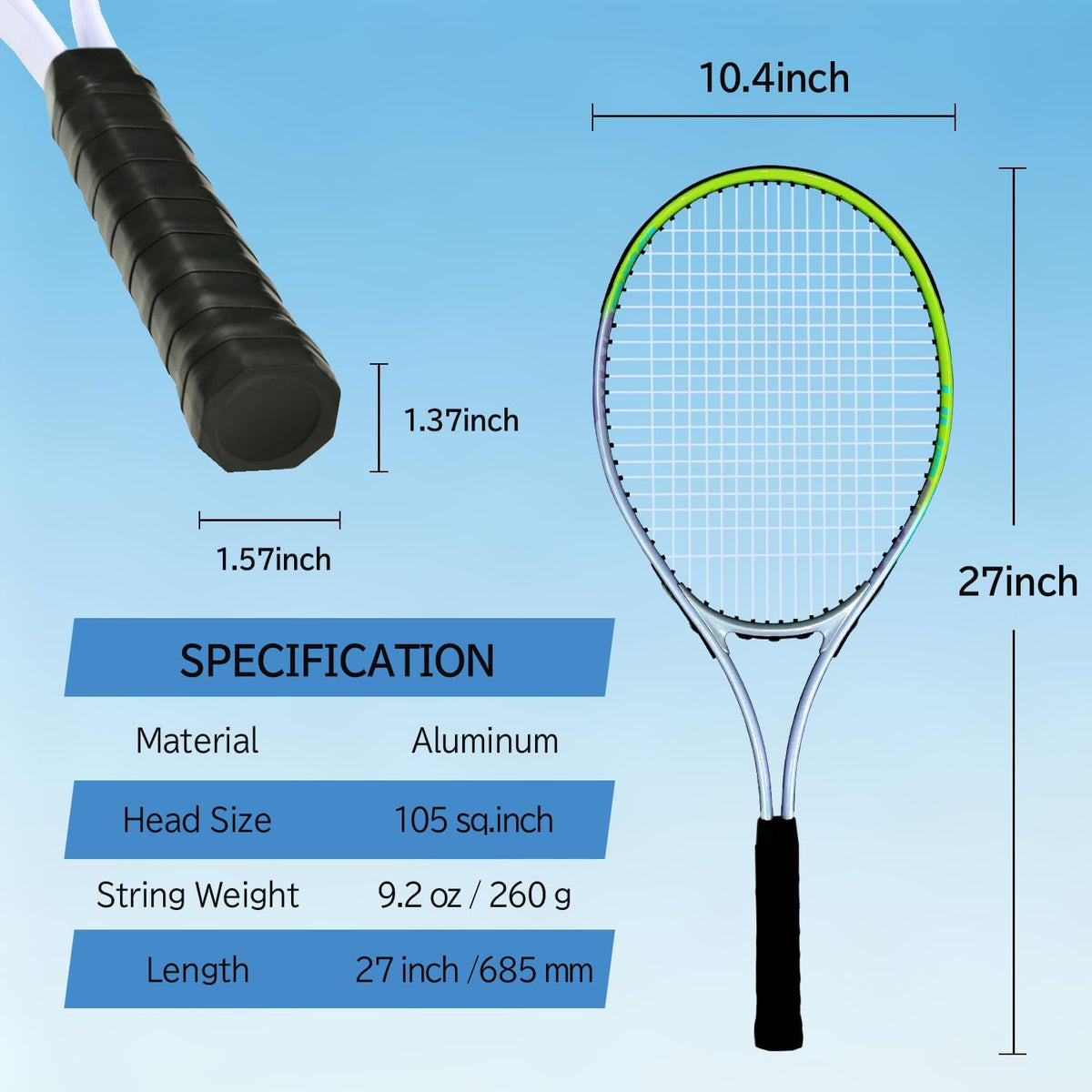 Juego de raquetas de tenis para adultos, 2 raquetas preencordadas de 27 pulgadas, 2 cintas de agarre, 3 pelotas de tenis, 1 bolsa de transporte, perfecto para principiantes y entrenamiento de