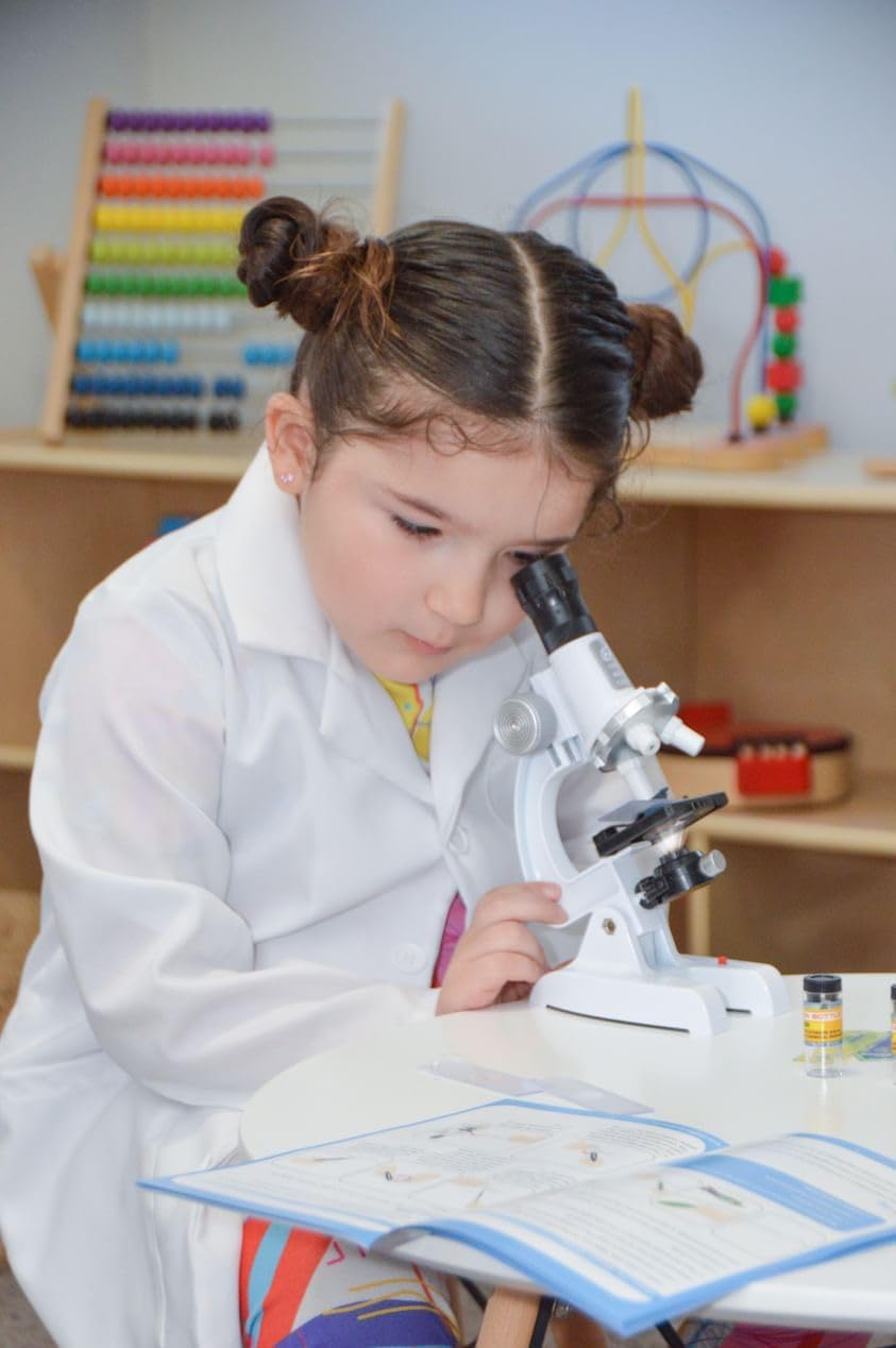 Uarzt Kit de microscopio para niños principiantes con aumento de 100X-1200X, 13 diapositivas preparadas y diapositivas en blanco para hacer tú mismo, lente HD de 18 mm, luz LED ajustable y caja de ABS