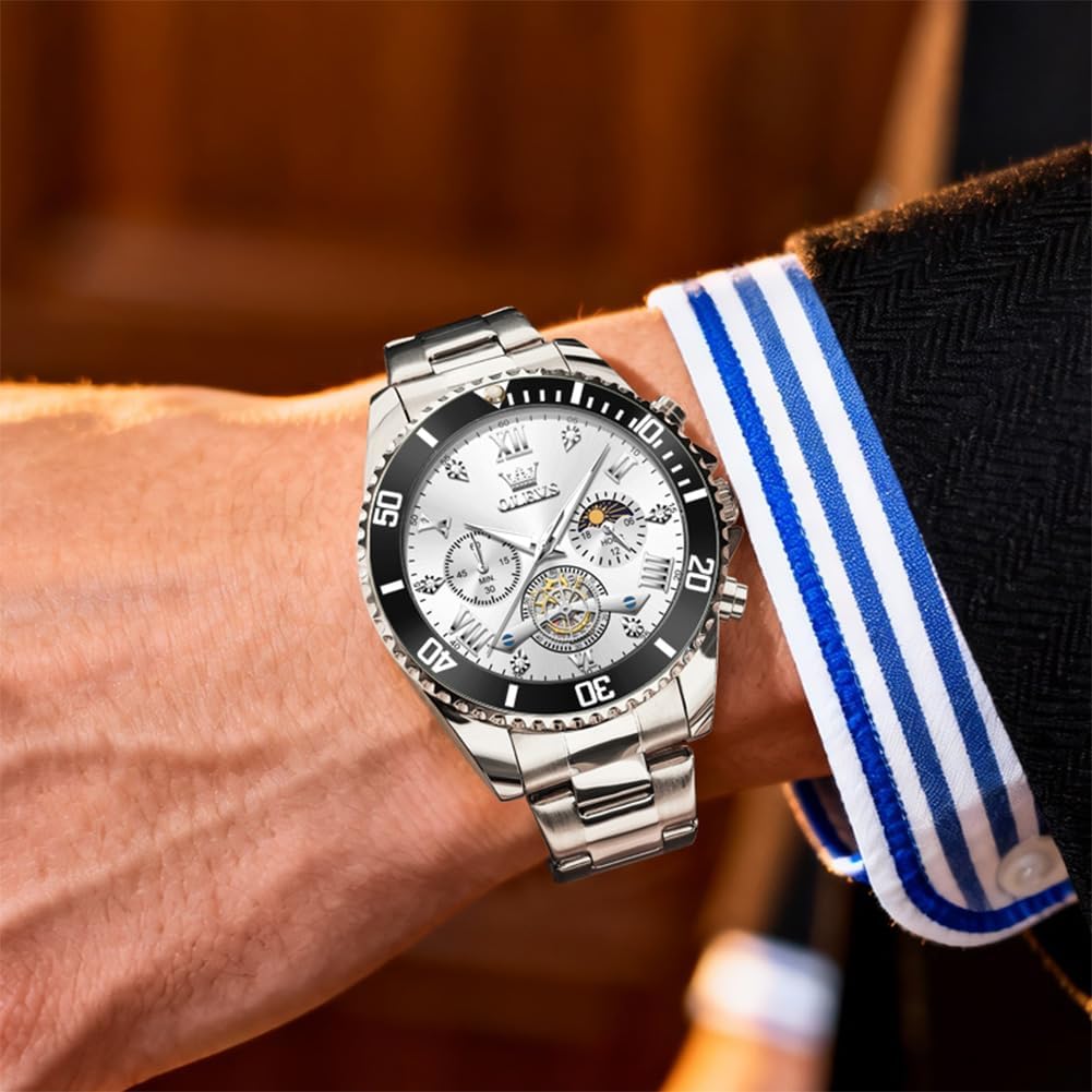 OLEVS Reloj de caballero Cronógrafo de lujo con fases de la luna, dos tonos, acero inoxidable, a prueba de agua, luminiscente, calendario empresarial, reloj de pulsera