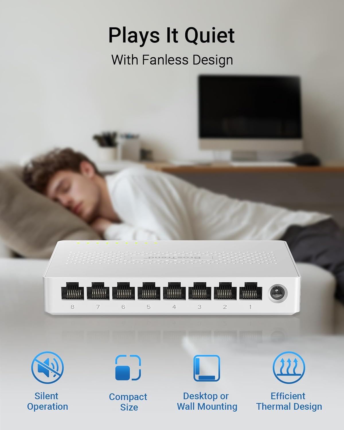 BrosTrend Switch de 2.5Gb, Switch de Red de 8 Puertos 2.5 Gigabit, Switch Ethernet No Administrado para Consola de Juegos, NAS, PC, Switch de Redes de Computadora Plug & Play Sin Ventilador, Montaje