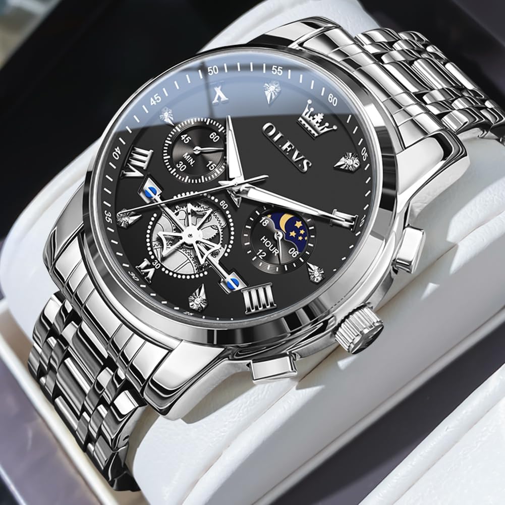 OLEVS Relojes para hombres Luxurious vestimenta acero inoxidable resistente al agua cronógrafo
