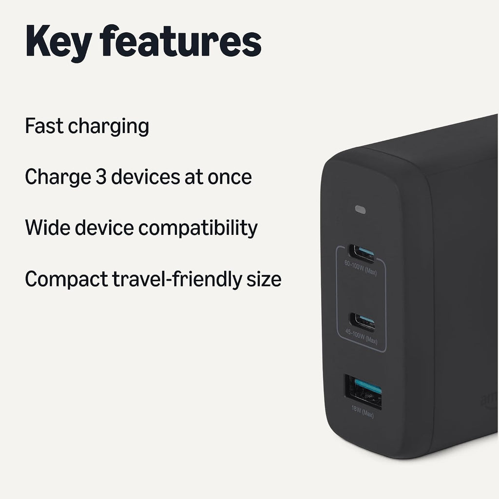 Amazon Basics Cargador de pared USB-C Nano GaN de carga rápida de 120 W, 3 puertos para portátiles, tabletas, teléfonos, tamaño compacto para viajes, negro