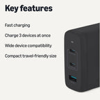 Amazon Basics Cargador de pared USB-C Nano GaN de carga rápida de 120 W, 3 puertos para portátiles, tabletas, teléfonos, tamaño compacto para viajes, negro