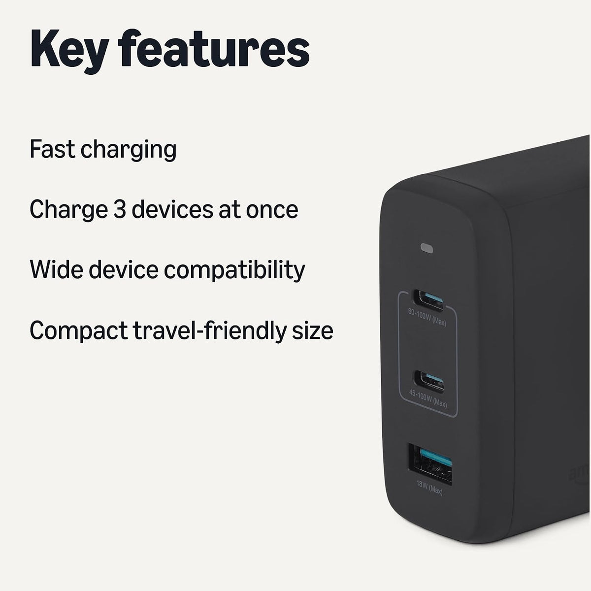 Amazon Basics Cargador de pared USB-C Nano GaN de carga rápida de 120 W, 3 puertos para portátiles, tabletas, teléfonos, tamaño compacto para viajes, negro
