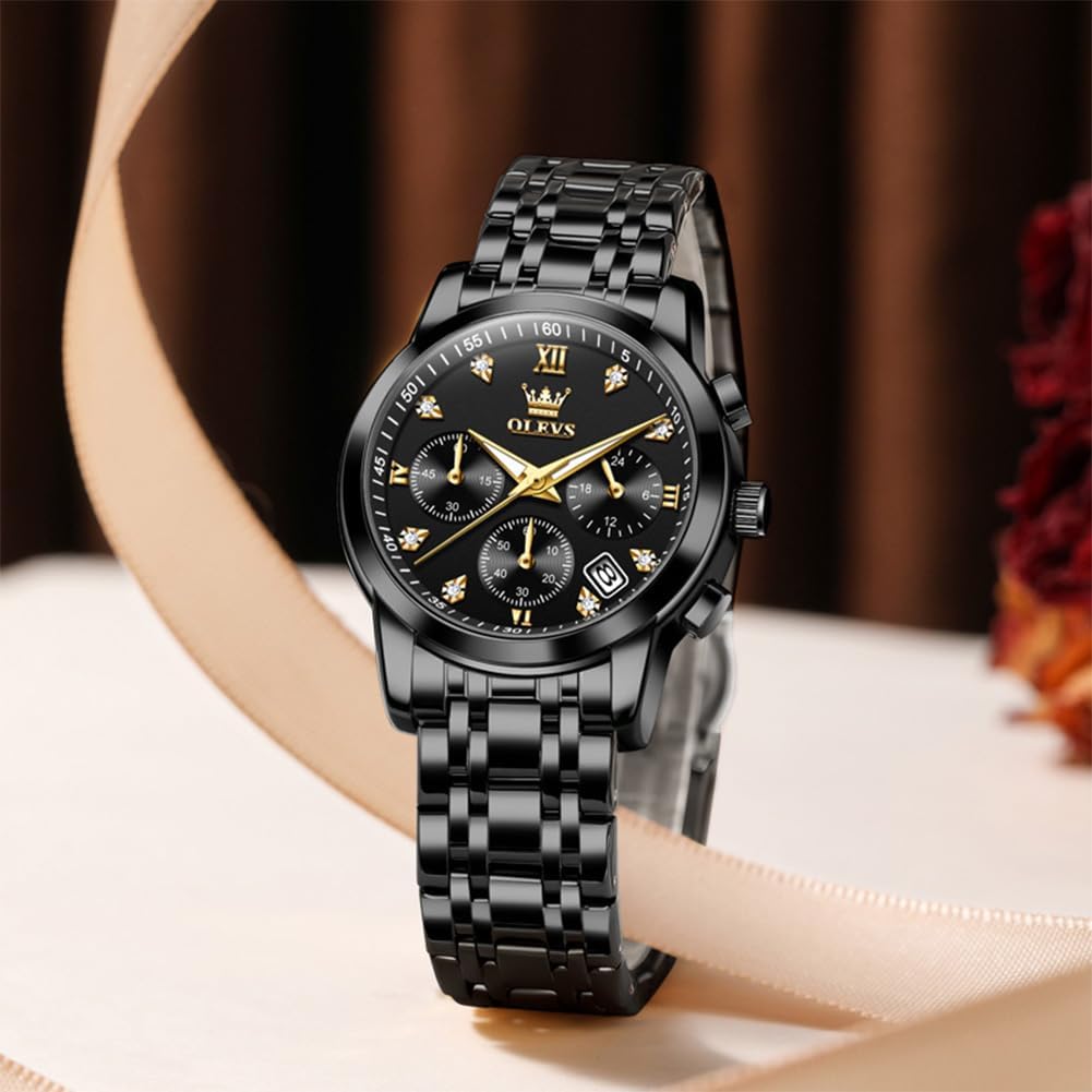 OLEVS Relojes para mujeres de negocios, con diamante, pulsera de acero inoxidable, fecha, impermeable, tono bicolor para mujer