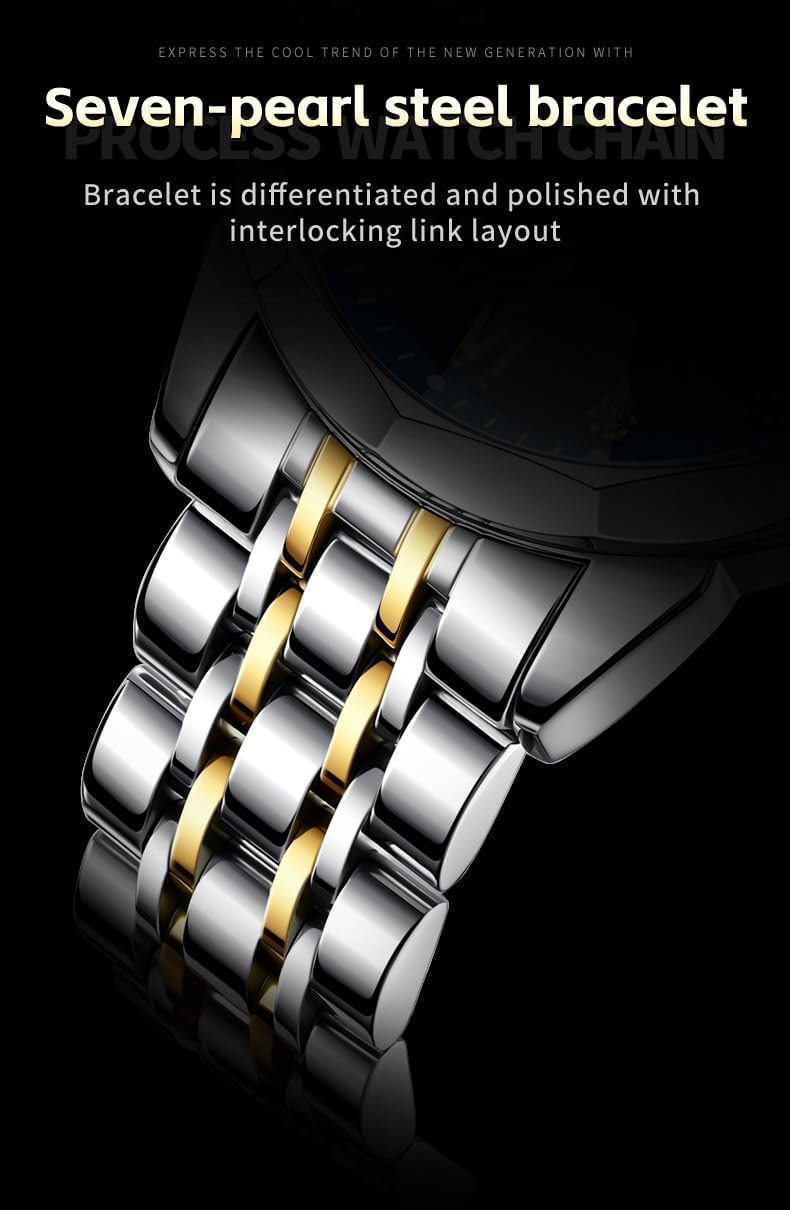 OLEVS Relojes de Hombre Esqueleto Automático Lujo de Negocios Diamante Autoentregado (Self Winding) Reloj de Pulsera de Acero Inoxidable con Calendario