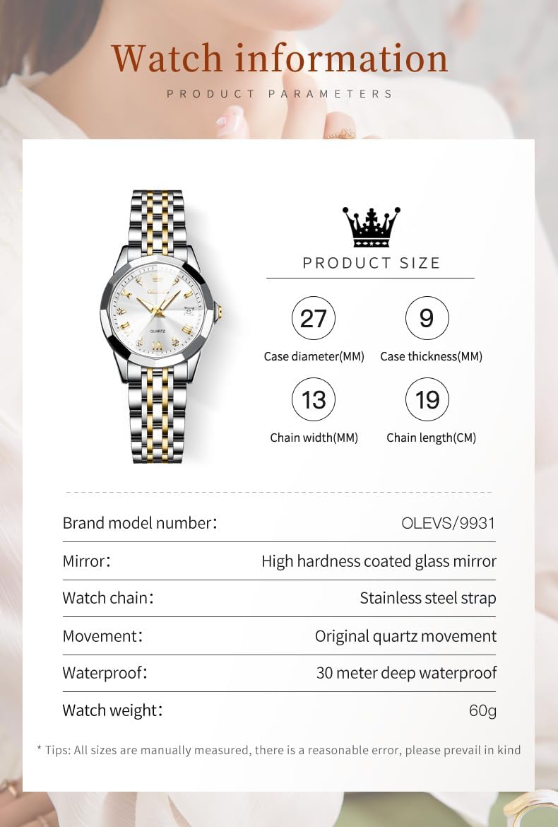 OLEVS Reloj para Mujer Moderno de Moda con Diamantes para Damas Analógico, Acero Inoxidable, Resistente al Agua, Luminosa, Día, Fecha, Dos Tonos