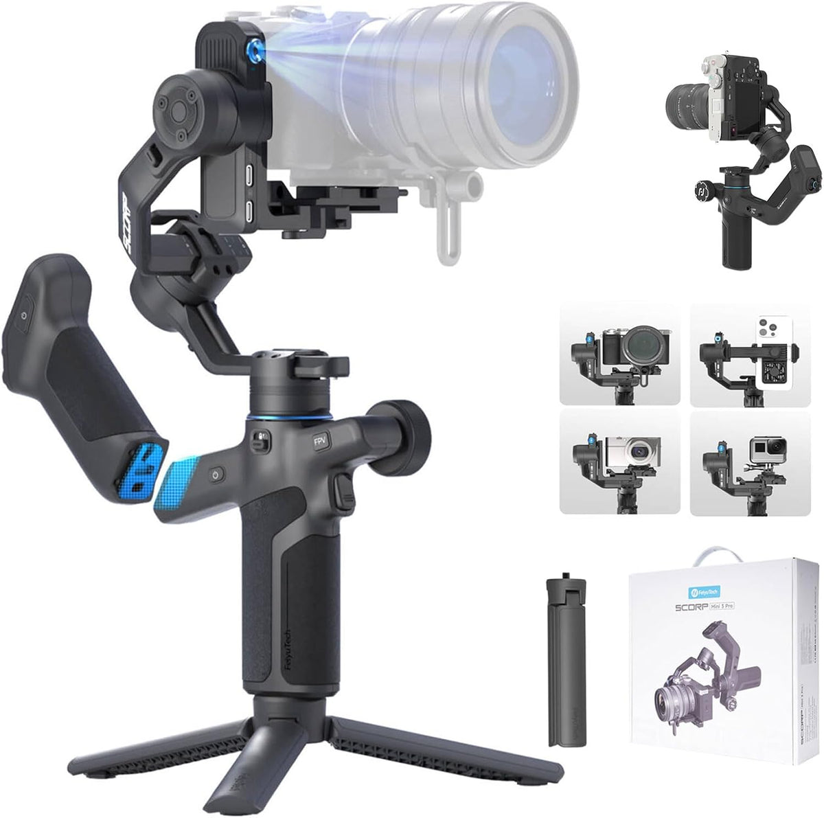 FeiyuTech SCORP Mini-3-Pro estabilizador de cardán para cámara sin espejo/compactas/cámaras de acción, smartphone, seguimiento AI de 59.1 ft, mango remoto desmontable, carga útil de 4.4 libras