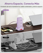 Regleta de alimentación con 12 tomas, 4 USB (1 USB C), cable de extensión de 6.5 pies con múltiples tomas, estación de carga, torre de regleta de alimentación morada, suministros de escritorio de