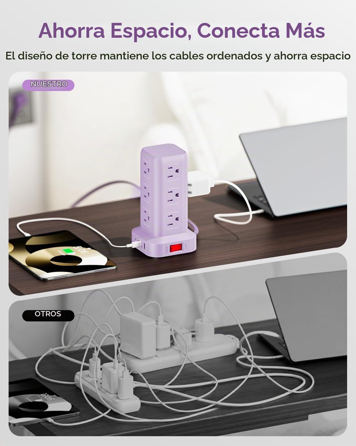 Regleta de alimentación con 12 tomas, 4 USB (1 USB C), cable de extensión de 6.5 pies con múltiples tomas, estación de carga, torre de regleta de alimentación morada, suministros de escritorio de