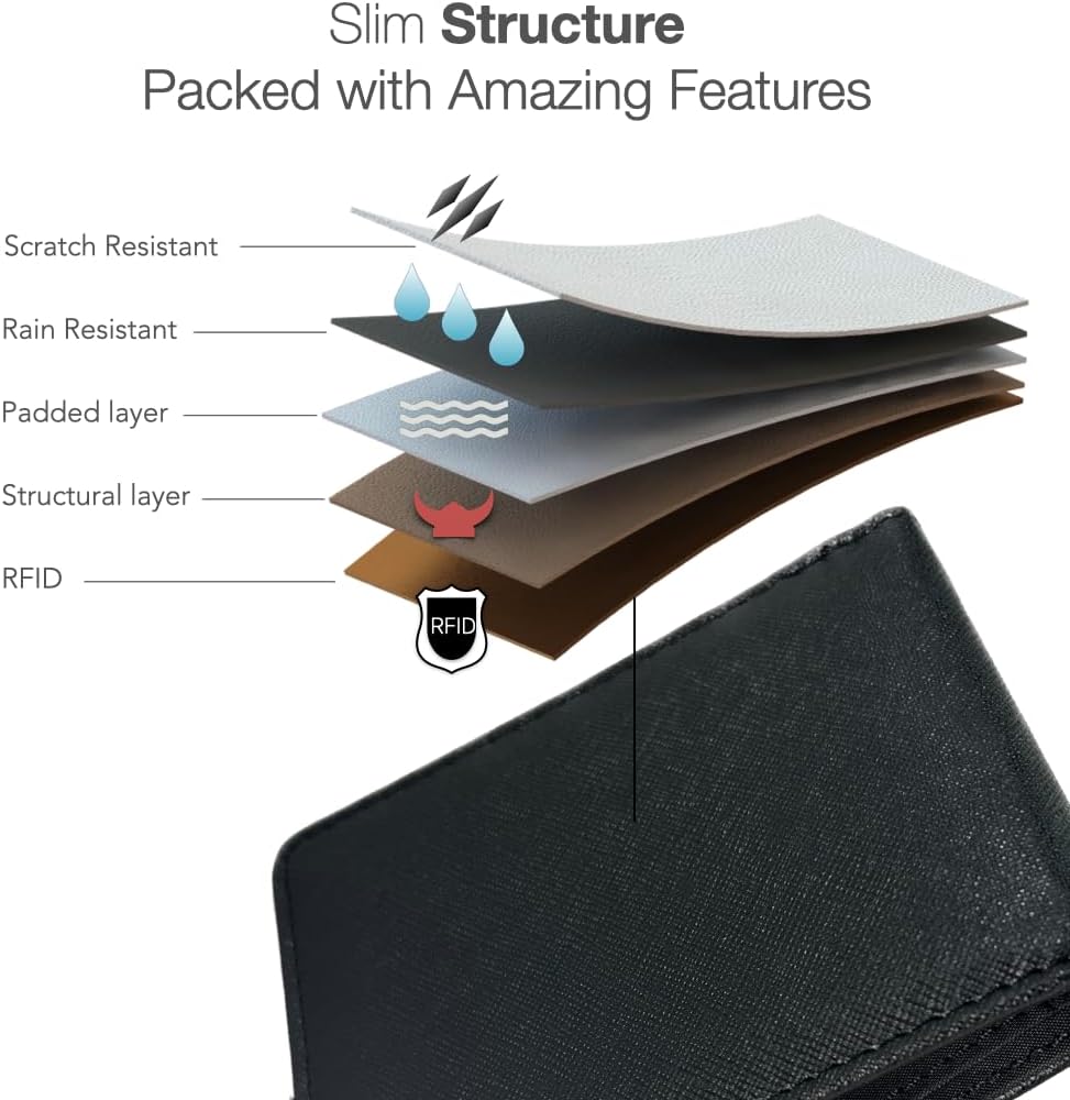 Cartera plegable de tamaño completo con bloqueo RFID con 8 ranuras, 1 bolsillo para llaves, divisor de efectivo y ventana de identificación grande, viene con caja de regalo ecológica, Negro
