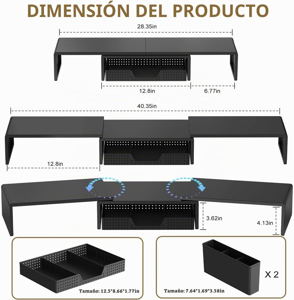 Soporte elevador para monitor doble con cajón y 2 soportes para