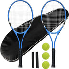 Raquetas de tenis para 2 jugadores recreativas para principiantes, juego de raquetas adultas ligeras preencordadas de 27 pulgadas para mujeres y hombres con pelotas de tenis, sobreagarres y bolsa de