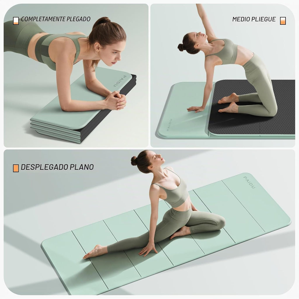 PAIDU Esterilla de yoga plegable para fitness, extra gruesa de 2/5 pulgadas (0.394 in) | TPE antideslizante certificado SGS | 75 x 26 pulgadas extra larga | portátil y fácil de almacenar | para yoga