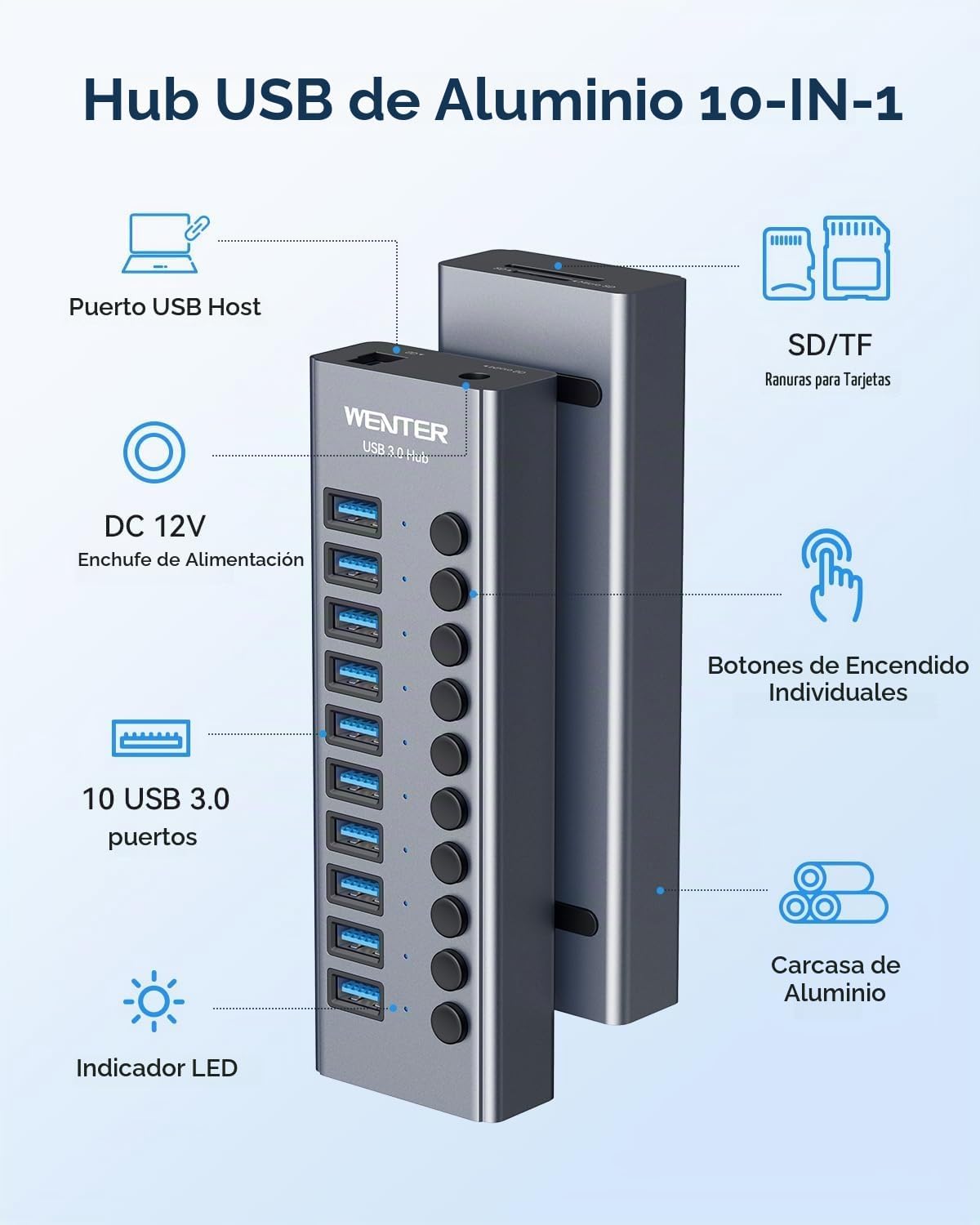 WENTER, hub USB 3.0 de 10 puertos, alimentado, adaptador 12V/3A
