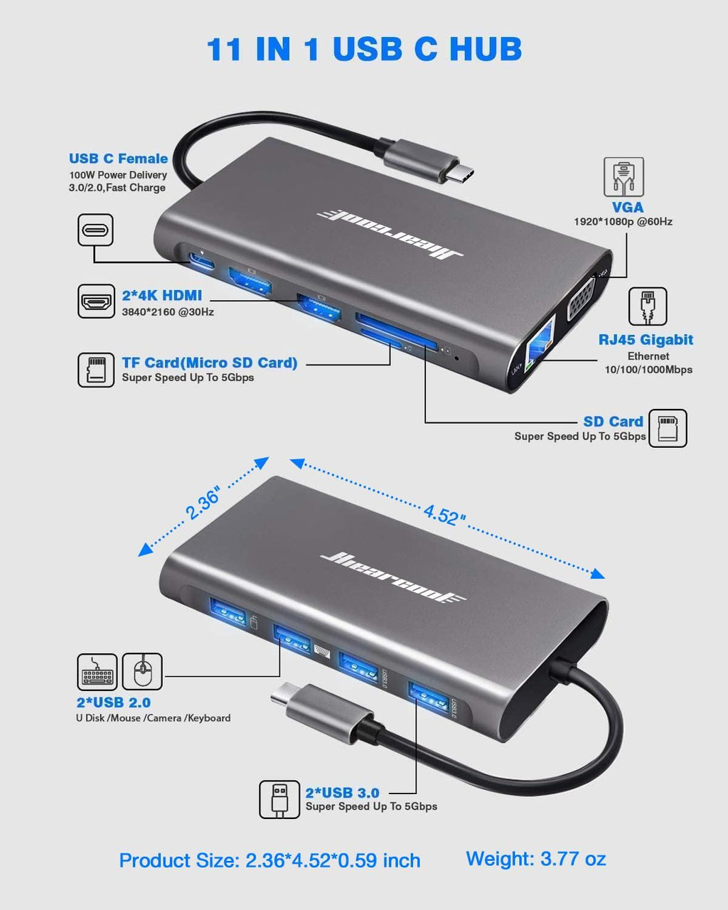 Hiearcool USB C Docking Station, 11-en-1 Dock, HDMI, VGA, Ethernet, Grey