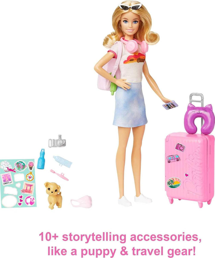 Muñeca Barbie y accesorios, set de viaje con cachorro y más de 10 p...